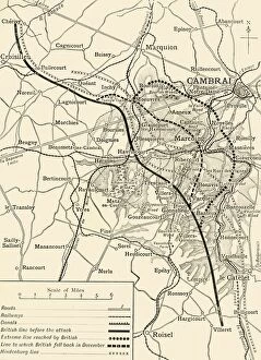 Western Front Gallery: Map illustrating the First Battles of Cambrai, November-December 1917, (c1920). Creator: Unknown