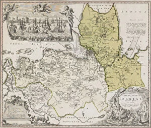 Images Dated 3rd April 2014: Map of Ingria with View of Saint Petersburg. Artist: Homann, Johann Baptist (1663-1724)
