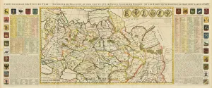 Muscovy Prints: Map of Muscovy, with coats of arms, Russian coins of the day and explanatory panels