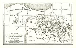 Mesopotamia Collection: Map showing Approximate Distribution of Kurdish Tribes of the Ottoman Empire, c1915