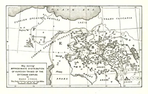 Turkish Prints: Map showing Approximate Distribution of Kurdish Tribes of the Ottoman Empire, c1915