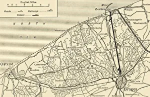 Frank A Mumby Prints: Map showing the Canal System connecting Zeebrugge and Ostend with Bruges... (c1920)