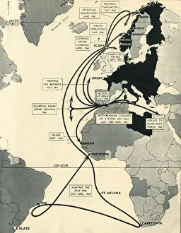 Publishing Prints: Map showing the movements of HMS Ark Royal, 1939-1941, (1942). Creator: Unknown