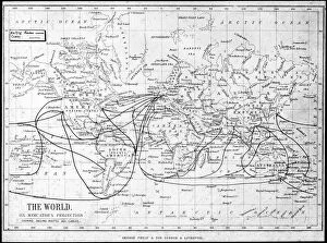 Telegraph Cable Gallery: Map of the world showing sailing routes and telegraph cables, c1893. Artist: George Philip & Son Ltd