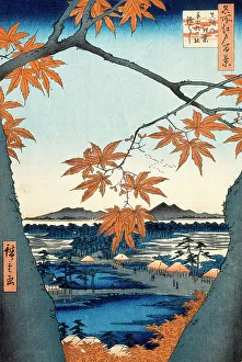 Maple Trees at Mama, Tekona Shrine and Linked Bridge, 1857. Creator: Ando Hiroshige
