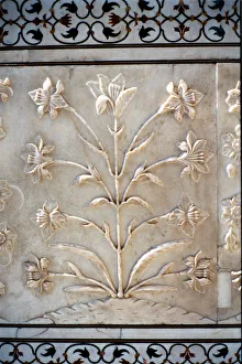 Khurram Prints: Marble carving of formalised lily, Taj Mahal, Agra, India, 17th century
