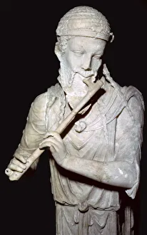 Flute Prints: Marble herm: satyr playing the plagiaulos / flute, Lazio, Rome, Italy, 1st Century