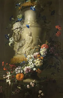 Jean Baptisite Monnoyer Prints: Marble Vase with Garland of Flowers. Creator: Jean-Baptisite Monnoyer