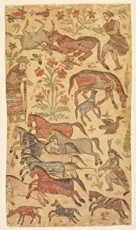 Bijapur Gallery: A marbled picture of Rustam catching Rakhsh, c. 1650. Creator: Shafi (Indian, active about 1650)
