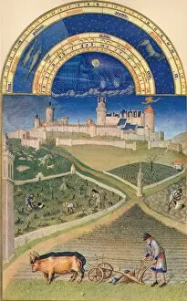 Oxen Collection: March - the Chateau de Lusignan, 15th century, (1939). Creators: Paul Limbourg, Jean Colombe