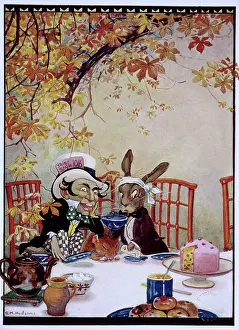 Teapot Prints: The March Hare and the Mad Hatter having tea, Alice's Adventures in Wonderland, 1922