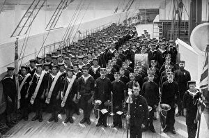 Ships Gallery: A marching out battalion parade on board the training ship HMS Lion, 1896. Artist: WM Crockett