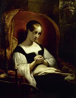 Marguerite Prints: Marguerite at the spinning wheel, c1831. Creator: Ary Scheffer