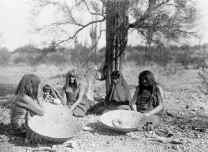Maricopa Prints: Maricopa group, Arizona. Four women and a child seated on ground with three large basket trays