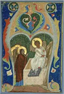 Christs Appearance Prints: Three Maries and the Fiery Angel at the Tomb. Initial, ca 1310. Artist: Anonymous