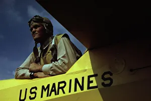 Marine glider pilot in training at Page Field, watching take-offs, Parris Island, S. C. 1942. Creator: Alfred T Palmer