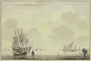 Shore Prints: Marine, on the right a man carrying a sack, 18th century. Creator: Cornelis de Grient