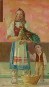 Rooster Prints: At the Market, 1949. Creator: Bedrich Hoffstadter