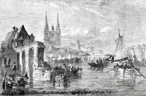 Edward Alfred Goodall Prints: Market Boats Arriving at Angers - painted by E. A. Goodall, 1850. Creator: Unknown