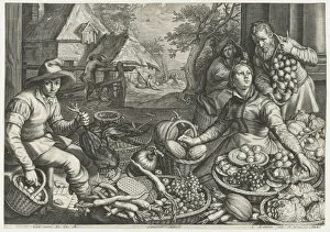 Market Scene, the Rest on the Flight into Egypt in the Background, from Kitchen and Market..., 1603. Creator: Jacob Matham