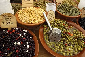 Balearic Islands Gallery: Market stall, Mallorca, Spain. Olives, beans and gherkins