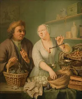 Weighing Prints: At the Marketwife's, 1738. Creator: Frans van Mieris II
