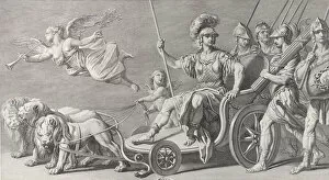 Helmet Collection: Mars on a chariot drawn by three lions, 1749. Creator: Charles Grignion