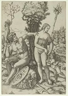 Mars seated at the left, his left hand on Venus's shoulder, cupid beside her at the right, ... 1508