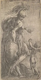 Andrea Schiavone Prints: Mars standing at the left leaning on a shield, Cupid at the right, ca. 1542-46