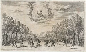 Marsh of Triton; figures battling as Minerva looks on from above; set design from Il Pomo... 1668