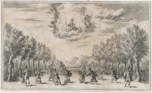 Kusel Mathaus Prints: Marsh of Triton; figures battling as Minerva looks on from above; set design from Il Pomo