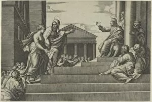 Martha leading Mary Magdalene up a flight of stairs to Christ who is seated at righ..., ca. 1530-60