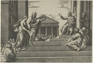 Santa Gallery: Martha leading Mary Magdalene up a flight of stairs to Christ who is seated at righ... ca. 1530-60