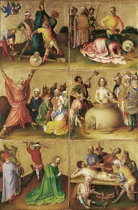 Martyrdom of the Apostles. Left panel. Artist: Lochner, Stephan (ca 1400 / 10-1451)
