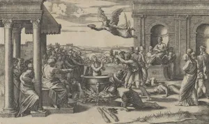 Marcantonio Gallery: The Martyrdom of Saint Cecilia standing naked in a large cauldron, at left under... ca
