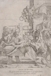 Horrible Gallery: The martyrdom of Saint Erasmus who is prostrate having in innards removed, two putti a