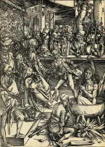 The martyrdom of Saint John. From Apocalypsis cum Figuris, 1498 The martyrdom of Saint John. From Apocalypsis cum Figuris, 1498