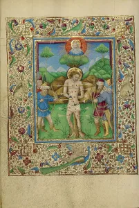Arrows Prints: The Martyrdom of Saint Sebastian; Book of Hours, about 1460. Creator: Unknown