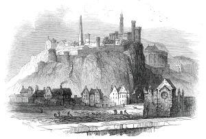 Edinburgh Prints: The Martyrs Obelisk, Edinburgh - (from the parapet of North Bridge), 1845