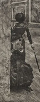 Mary Cassatt at the Louvre: The Paintings Gallery, 1879-1880. Creator: Edgar Degas (French