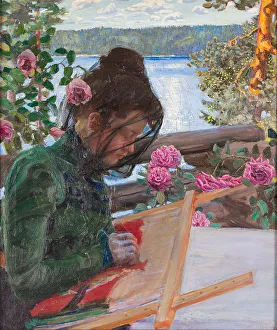 Embroideress Prints: Mary embroidering on the porch of Kallela