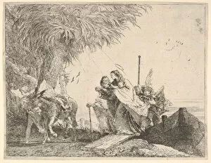 Giovanni Gallery: Mary, helped by Joseph and an angel, stepping from a boat to the shore