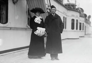Coats Prints: Mary Moore and Sir Chas. Wyndham on boat deck, 1916. Creator: Bain News Service
