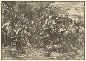 Campagnola Domenico Prints: Mary seated beneath trees with baby, flanked by Joseph at left and St