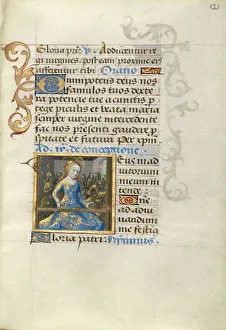 Mary Spinning Wool; Poncher Hours, about 1500. Creator: Master of Cardinal Bourbon