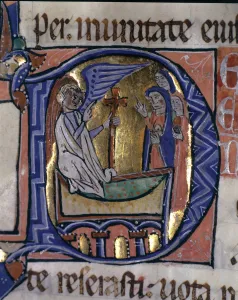 The Three Marys at the Tomb, illuminated capital letter in the Episcopal Sacramentary of The Three Marys at the Tomb, illuminated capital letter in the Episcopal Sacramentary of