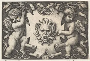 A Mask on an Escutcheon Supported by Two Genii, 1544. Creator: Sebald Beham A Mask on an Escutcheon Supported by Two Genii, 1544. Creator: Sebald Beham