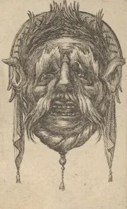 Images Dated 16th August 2021: Mask with Long Eyebrows and Mustache and a Headdress with Dangling Cloth, from Dive