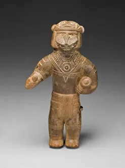 Colombian Gallery: Masked Figurine Holding a Drum, Possibly a Ocarina (Whistle), c. A.D. 1300