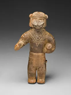 Ceramic And Pigment Prints: Masked Figurine Holding a Drum, Possibly a Ocarina (Whistle), c. A. D. 1300